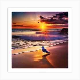 Seagull On The Beach At Sunset 1 Art Print