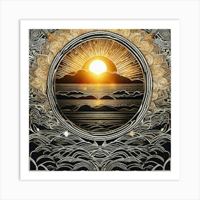 Black picture with sunrise over water Art Print