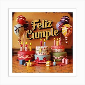 Feliz cumple and Feliz cumpleaños sign means Happy Birthday in Spanish language, Birthday party celebration gift with birthday cake candle colorful balloons best congratulation over light background wall artFeliz Cumple 63 Art Print