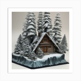 Small wooden hut inside a dense forest of pine trees with falling snow 3 Art Print