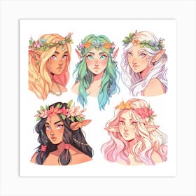 Elf Girls With Flower Crowns Art Print