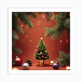 Christmas Tree On Red Background Art Print