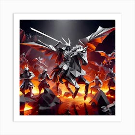 Depict Imaginative Scene Of Origami Samurai Warriors And Dragons Sculpted From Silvery Metal Sheets In Fiery Volcanic Settings Highlighted By Dynamic Folds And Lighting Art Print