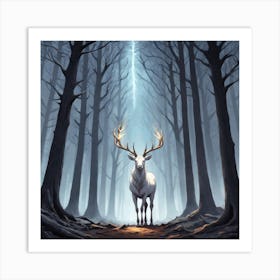 A White Stag In A Fog Forest In Minimalist Style Square Composition 14 Art Print