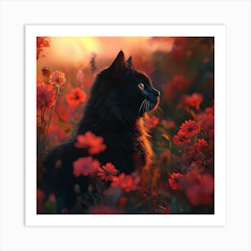 Black Cat in a Floral Sunset Garden 3 Art Print