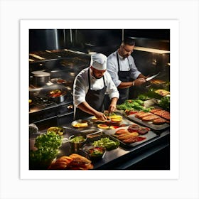 Overhead View Of A Burger Kitchen In Action Chefs Proudly Plating Gourmet Burgers Stunning Stainle 555813656 Art Print