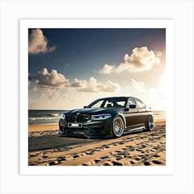 A Dramatic High Contrast Cinematic Photograph Of A Black BMW M5 At The Beach Front Art Print