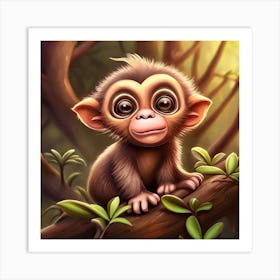 Cute Monkey In A Tree Illustration Art Print