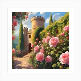 Castle Garden with Pink Roses 2 Art Print