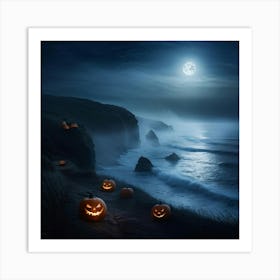 Ghostly Jack O Lanterns Glowing Eerily Beside A Winding Coastal Path Mist Hovering Over The Ocean (1) 2 Art Print