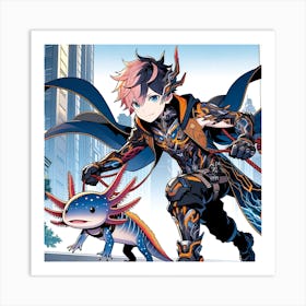 anime hero and Axolotl side kick Art Print