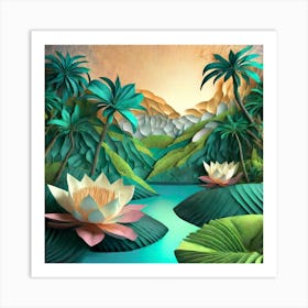 Firefly Beautiful Modern Abstract Lush Tropical Jungle And Island Landscape And Lotus Flowers With A (11) Art Print
