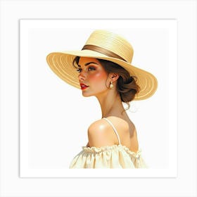 Elegant French Lady With A Sun Hat In Watercolor, Light And Airy Mood 1 Art Print