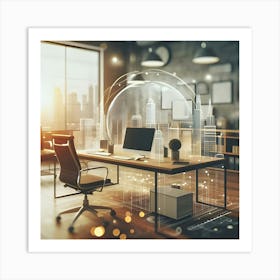 A Visual Representation Of A Modern Looking Office Desk In 3d With A Blurred Background Effect Called Bokeh Art Print