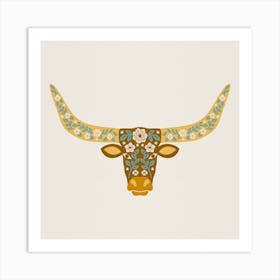 Floral Longhorn   Yellow And Blue Square Art Print