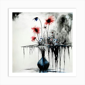 Flowers In A Vase Stephen Gammell style, dessin, aquarelle, aquarelles, noir et blanc et rouge , de marais, de sombres créatures, dégoulinant, pink and blue flowers in a vase placed on a table.. 1 Art Print