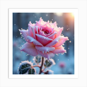 Pink Rose In The Snow Art Print