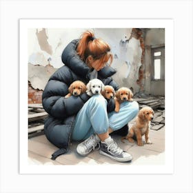 A girl with puppies Art Print