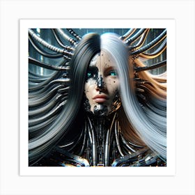 Cyborg With Long Black & White Hair Art Print