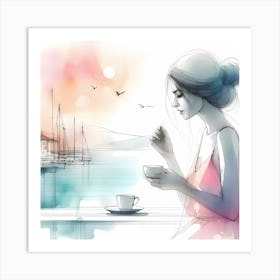 Watercolor Girl Sitting On The Balcony Art Print