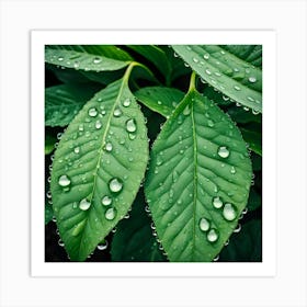 Green Leaves With Water Droplets Art Print