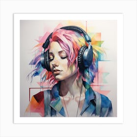 Girl With Pink Hair And Headphones Colourful Geometric Watercolour And Pencil Art Print