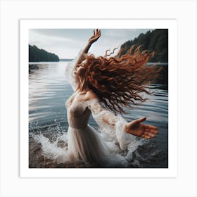 Red Haired Woman In Water Art Print