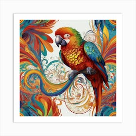 A colorful parrot in the style of intricate psychedelic swirl patterns, in the style of Magali Villeneuve, love and romance, in the style of Caravaggio, colorful Moebius, white background 2 Art Print