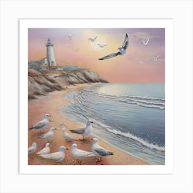 Seashore and seagulls 1 Art Print