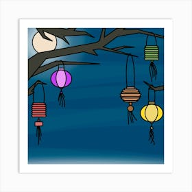 Lanterns Hanging From Tree Lampions Moon Night Art Print