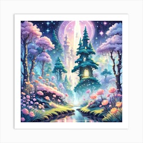 A Fantasy Forest With Twinkling Stars In Pastel Tone Square Composition 451 Art Print