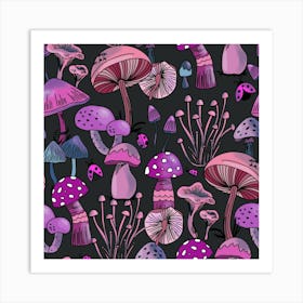 Mushrooms Pattern Dark Purple Art Print