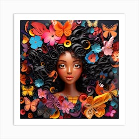 Black Girl With Flowers And Butterflies 5 Art Print