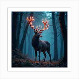 A Majestic Stag With Antlers Of Glowing, Bioluminescent Patterns Standing In A Magical Forest 1 Art Print