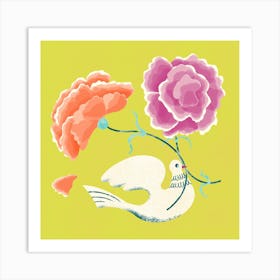 Peony Flowers And A White Dove On Green Square Art Print