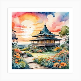 Asian House At Sunset Art Print