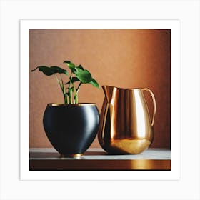 Two Gold Vases And A Plant 1 Art Print