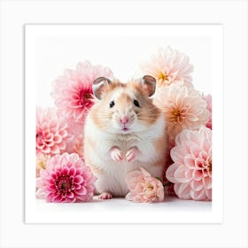 Hamster Nestled Amidst Pink Dahlias Watercolor Style Radiating Charm With Playful Demeanor Adorne Art Print