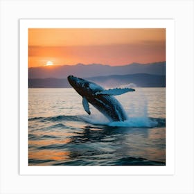 Humpback Whale Breaching At Sunset 25 Art Print