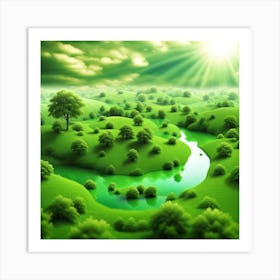 Green Landscape With A River Art Print