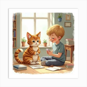 Watercolor Scene Of A Child And A Ragdoll Cat In A Cozy Study Art Print