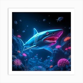 Shark In The Sea - Neon Light Art Print