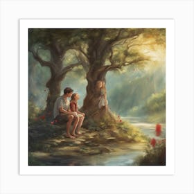 Father And Son Sitting By The River Art Print