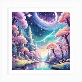 A Fantasy Forest With Twinkling Stars In Pastel Tone Square Composition 55 Art Print