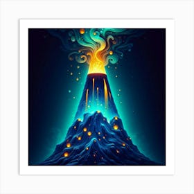 A Mountain Volcano Blue And Gold Green Lava Lamp With Flames And Smoke Swirling Art Print