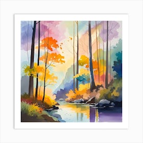 Watercolor Of Autumn Forest Art Print