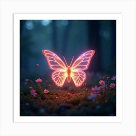 A Radiant Butterfly With Wings Of Shimmering, Neon Light Flitting Through A Magical Field 1 Art Print