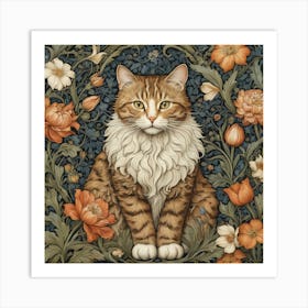 Cat With Flowers william morris Style Art Print