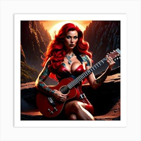 Red Haired Woman With Guitar 1 Art Print