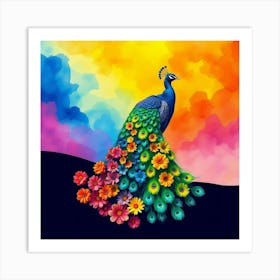 A Peacock With Tail Feathers Made Of Rainbow Colored Flowers, Set Against A Vibrant Watercolor Sky Art Print